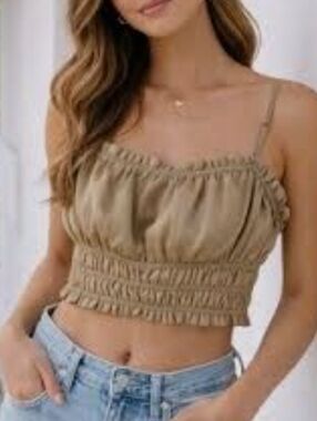 House of Harlow 1960 Olive Gold Smocked Crop Cami